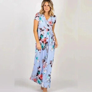 PinkBlush Light Blue Floral Draped Wrap Front Maxi Dress-Size  M